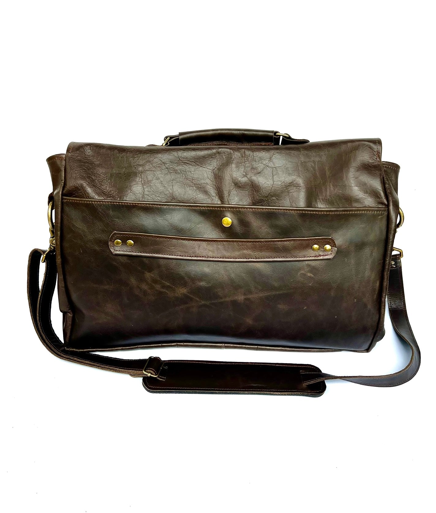 Back of cinnamon brown professional messenger/laptop bag displayed on a white background