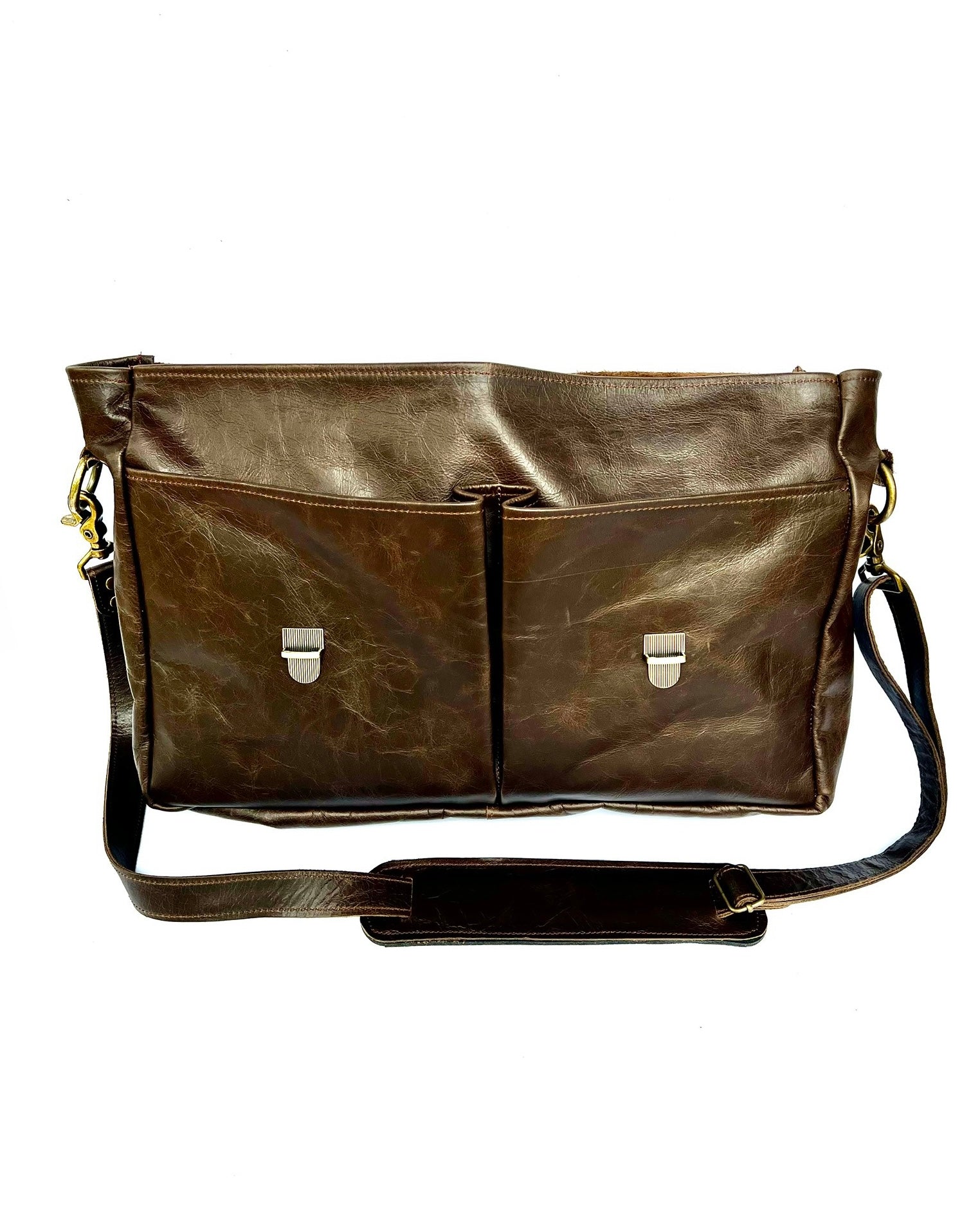 Open cinnamon brown professional messenger/laptop bag displayed on a white background