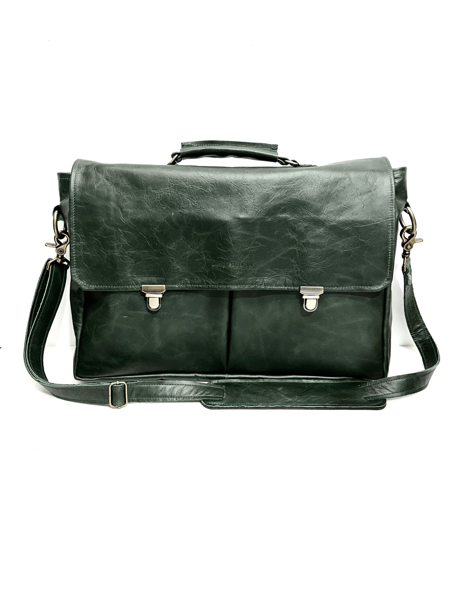 Dark green professional messenger/laptop bag with a leather handle and shoulder strap, featuring secure snap pockets and a suede interior