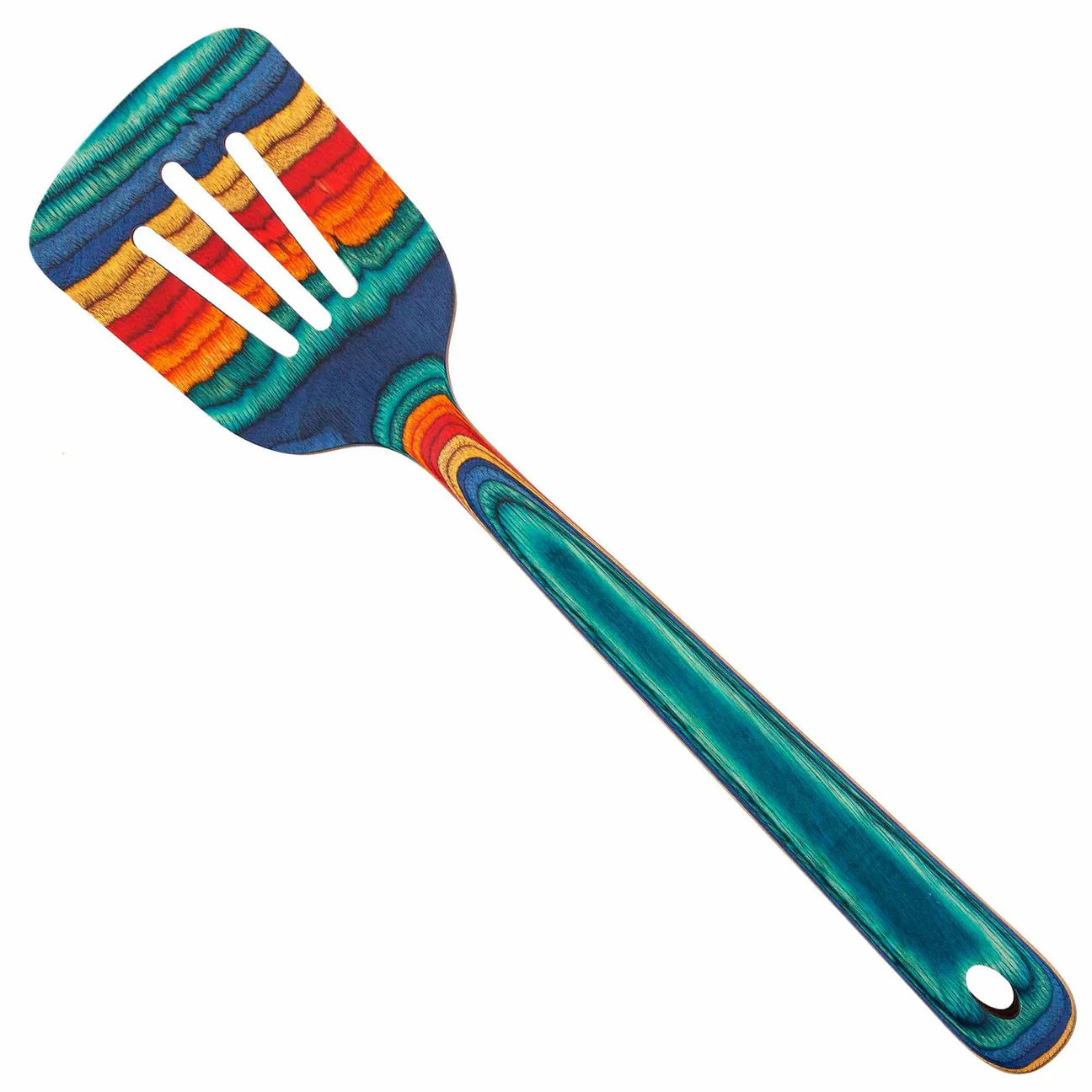 A navy rainbow colored slotted spatula, displayed on a white background