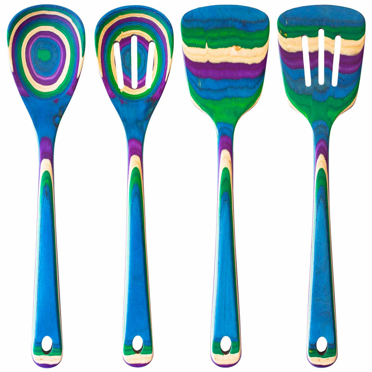 A purple and green rainbow colored collection of bamboo kitchen spoons and spatulas, displayed on a white background