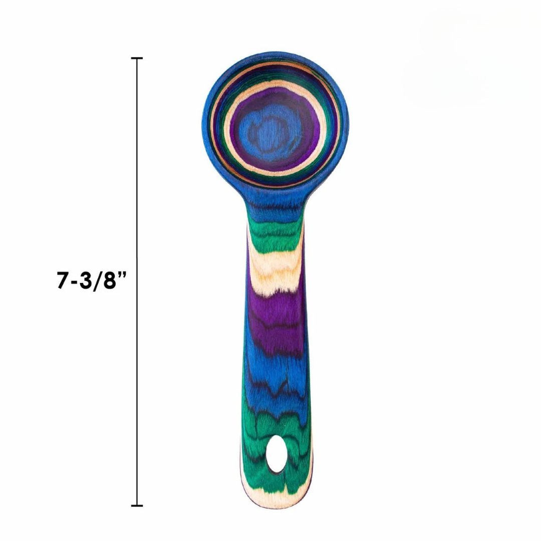 A purple, blue, and green rainbow colored coffee spoon, displayed on a white background. 7.38 inches tall