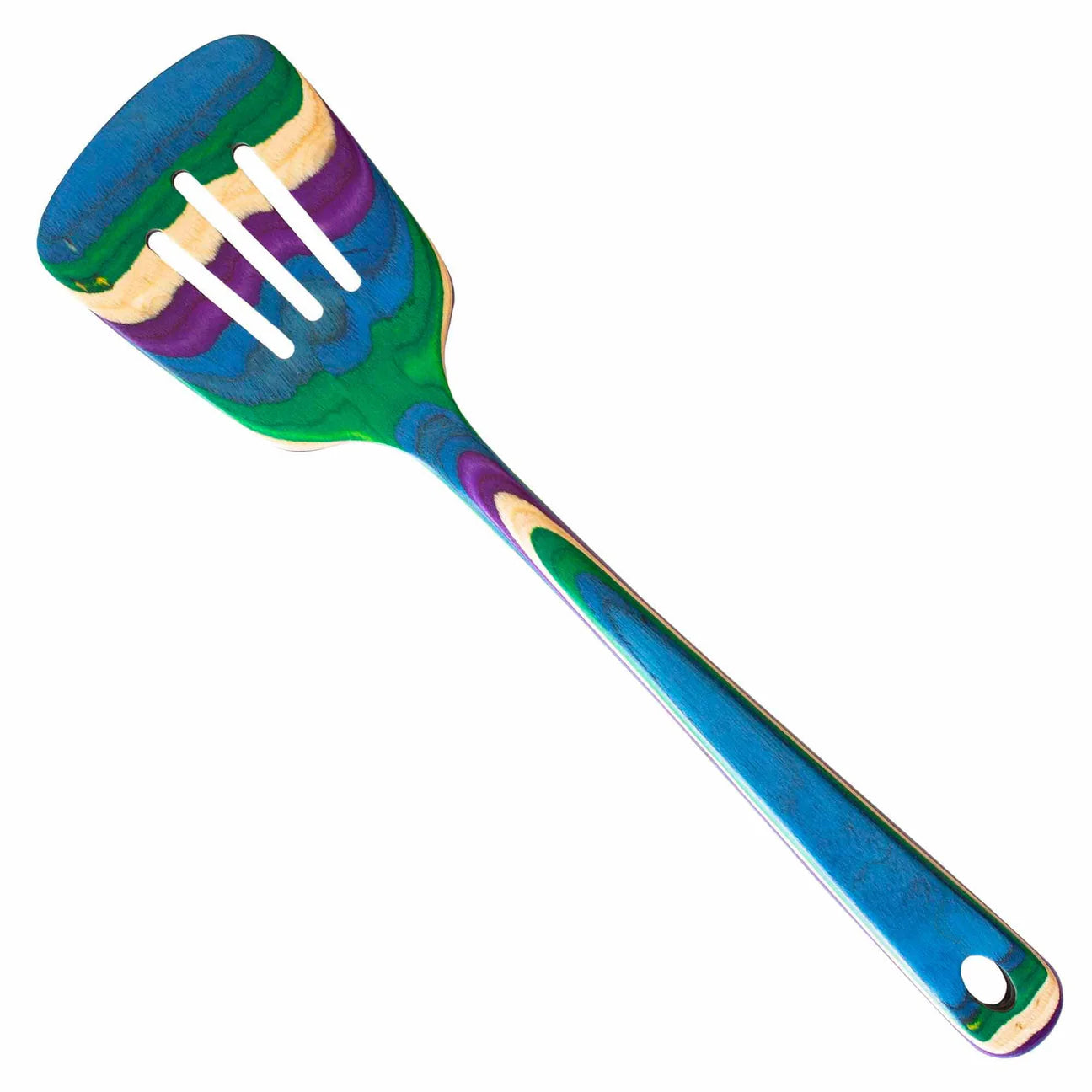 A purple, blue, and green rainbow colored slotted spatula, displayed on a white background