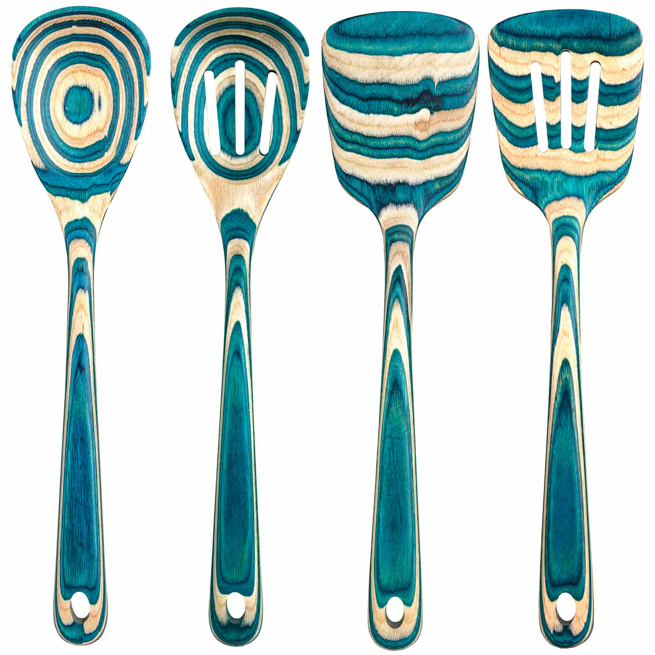 A deep aqua blue colored collection of bamboo kitchen spoons and spatulas, displayed on a white background