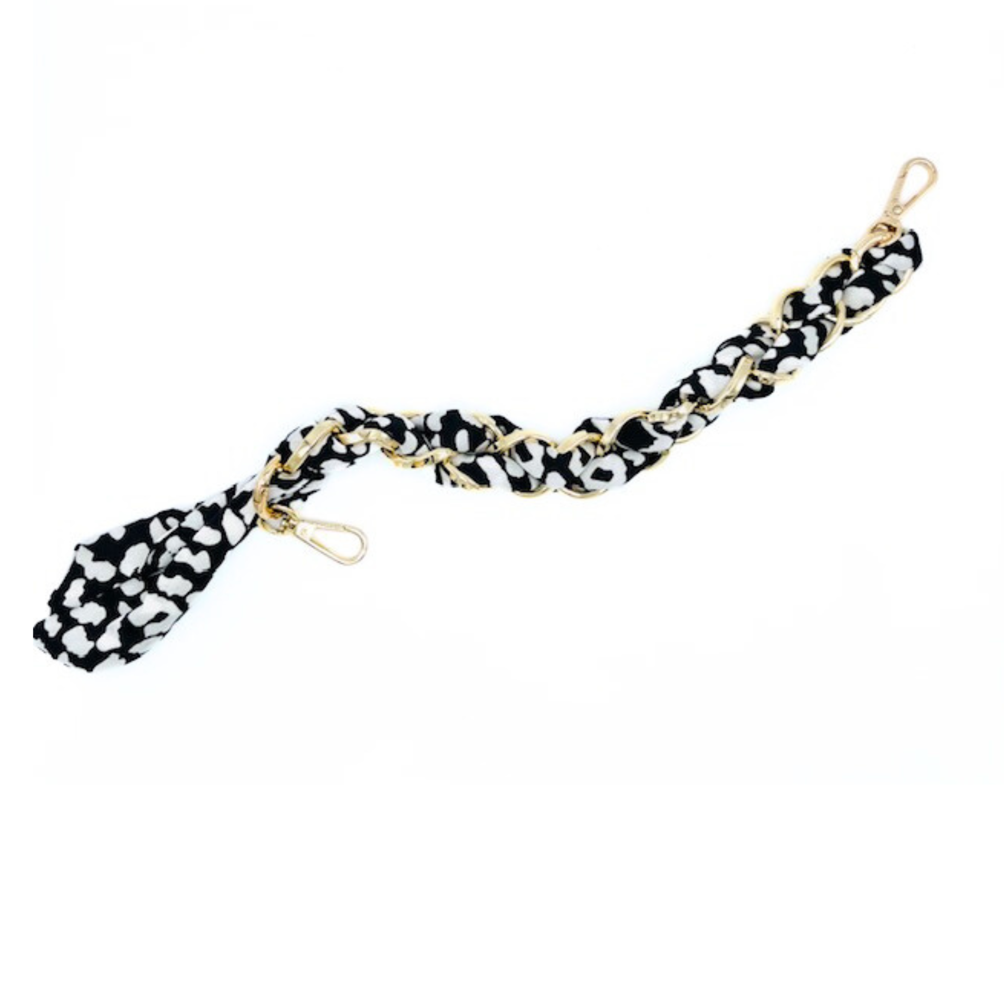 Black and white dot patterned scarf chain strap, displayed on a white background