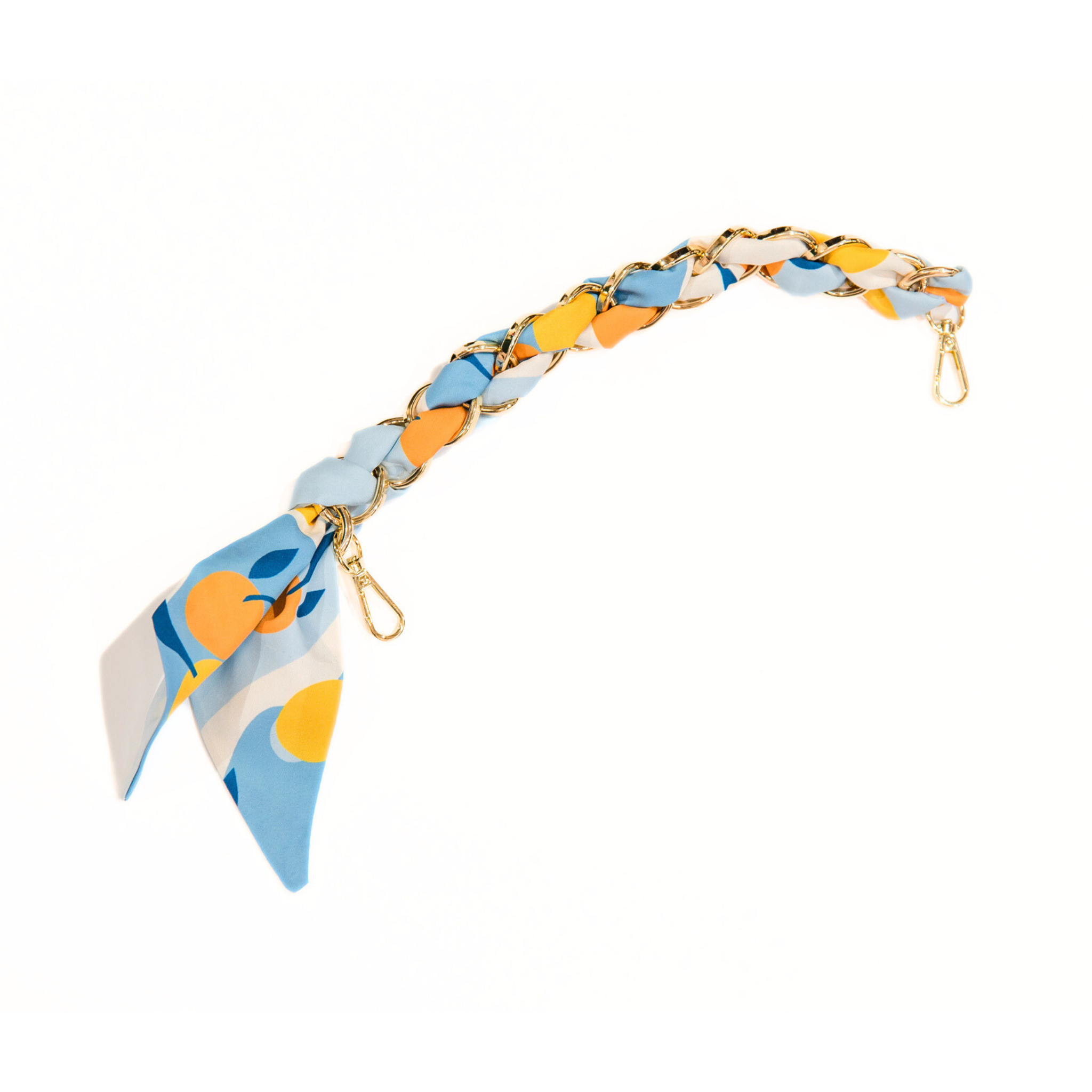 Blue fruit-patterned scarf chain strap, displayed on a white background