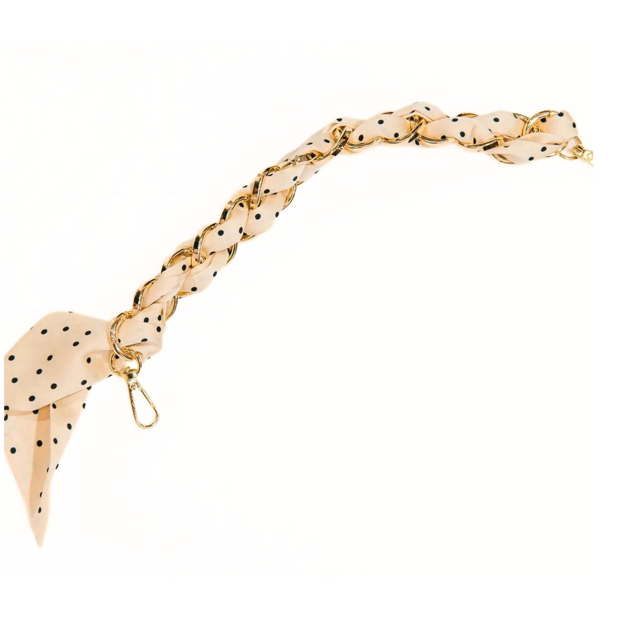 Cream polka-dot-patterned scarf chain strap, displayed on a white background