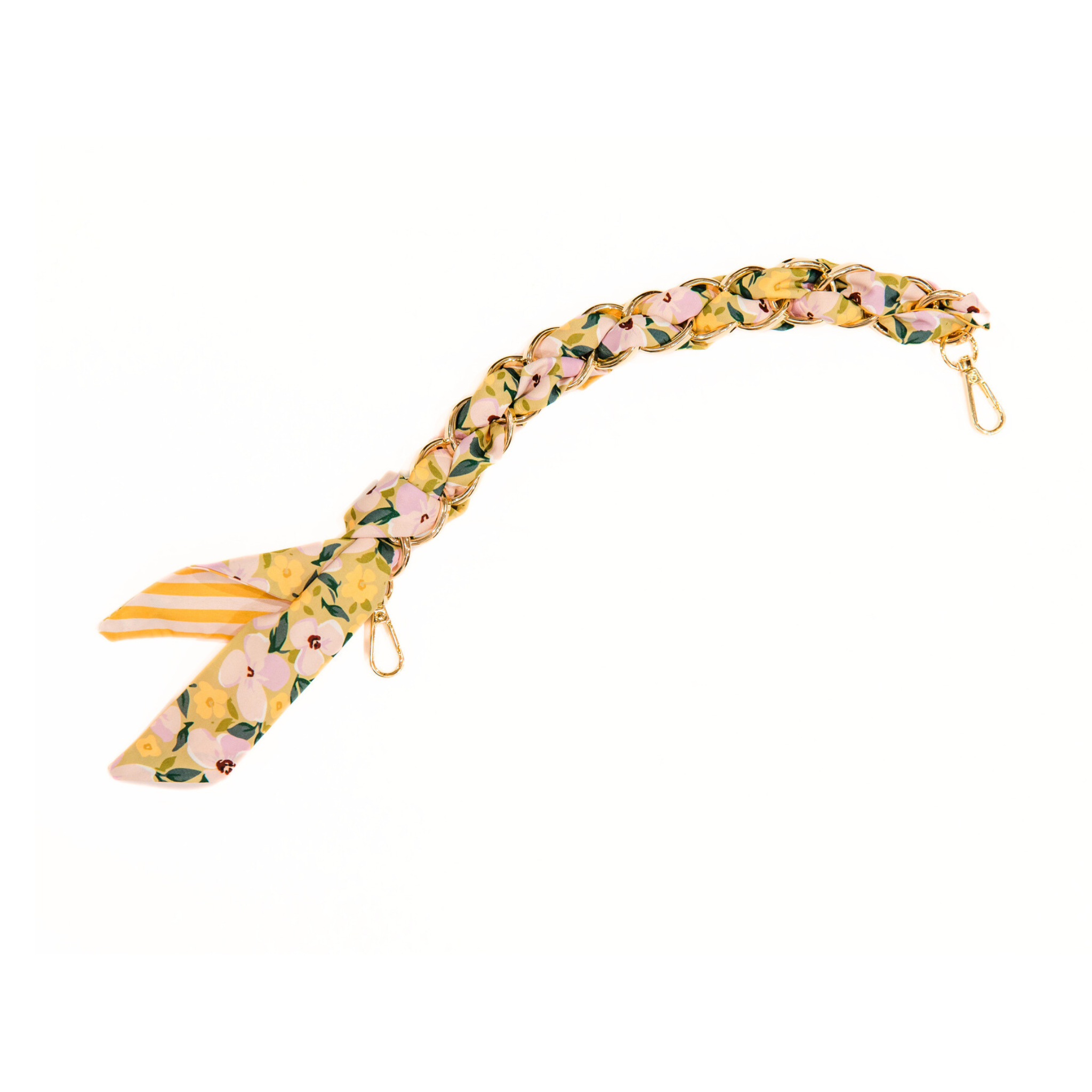 Green, yellow, and orange floral-patterned scarf chain strap, displayed on a white background