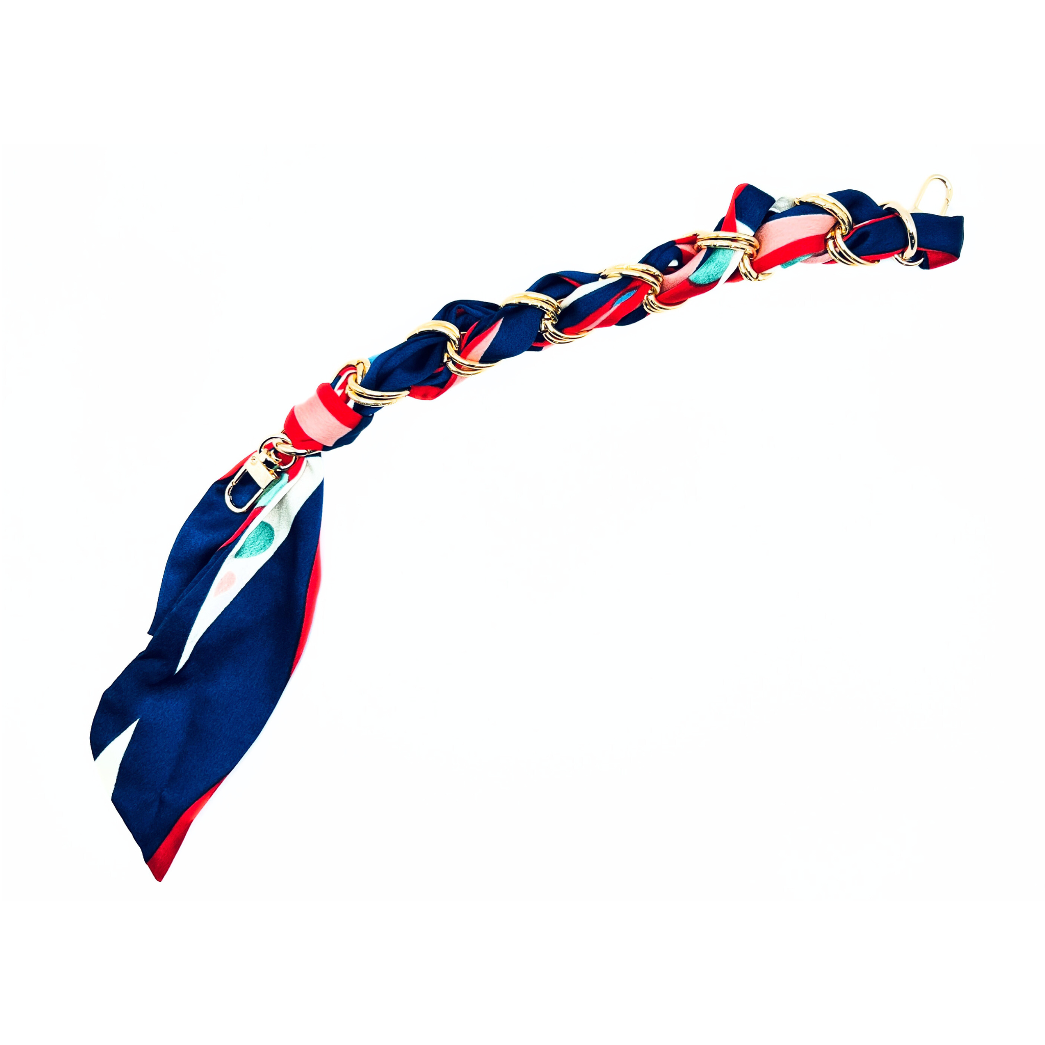 Navy dot-patterned scarf chain strap, displayed on a white background