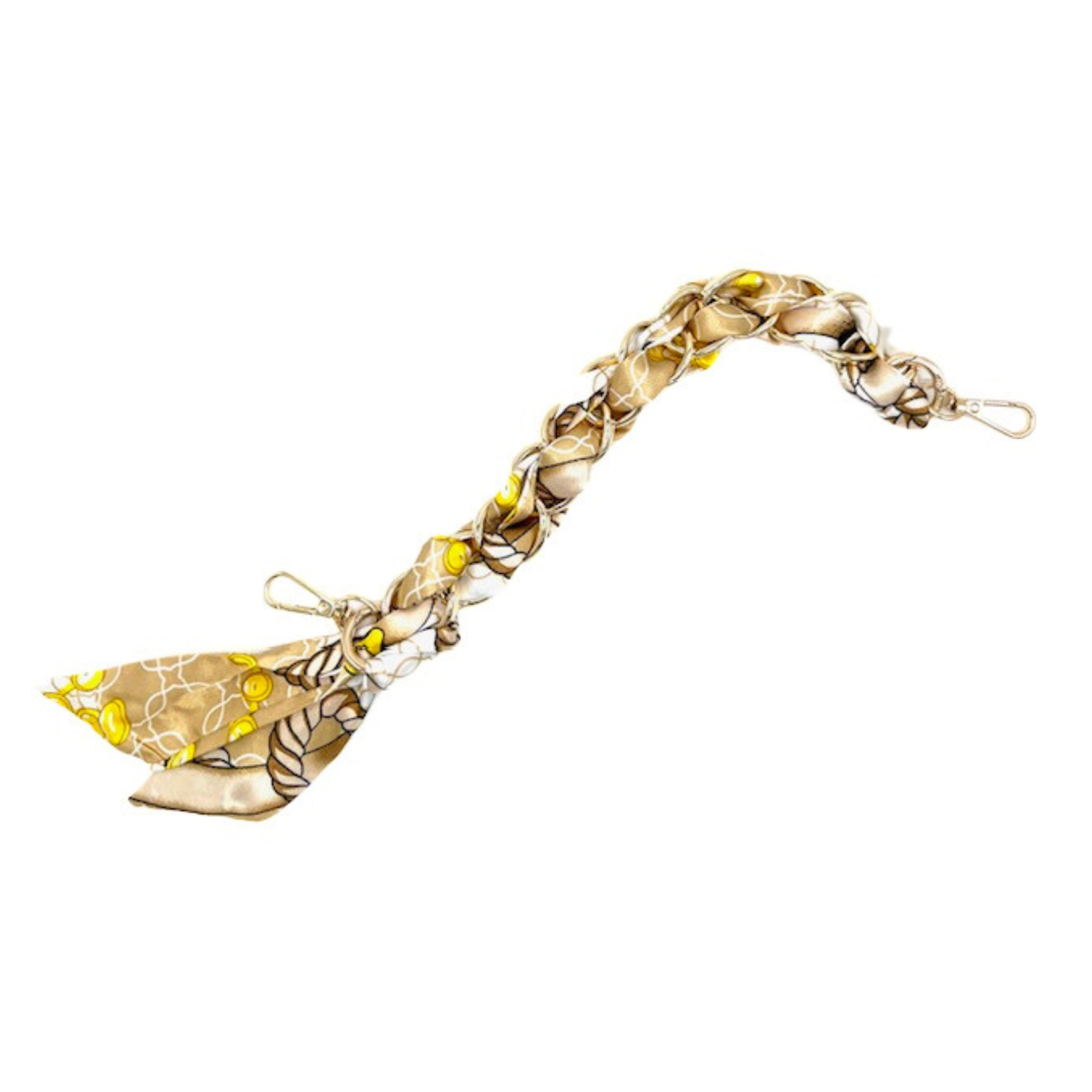 Tan, cream, and gold scarf chain strap, displayed on a white background