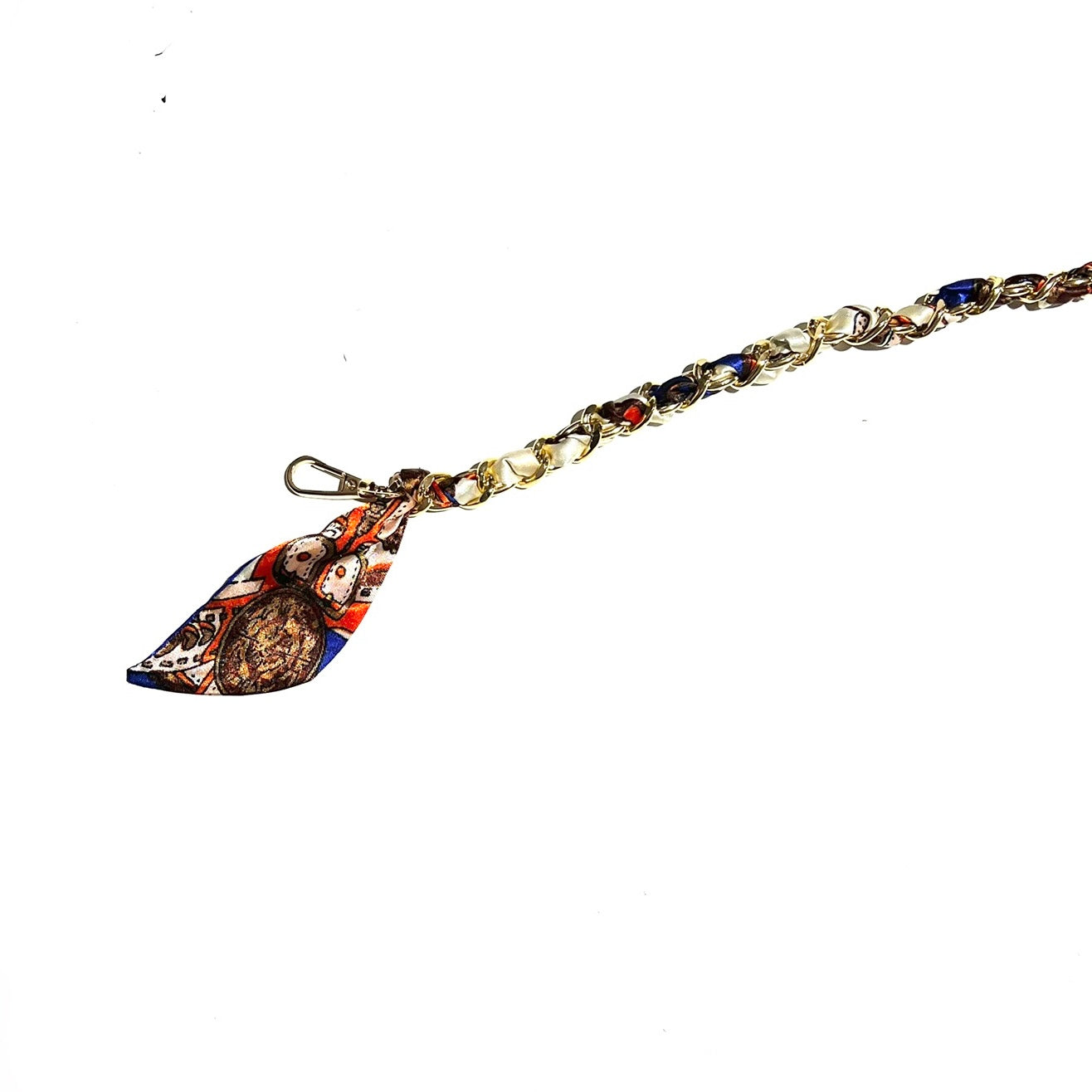 Royal pattern on a orange and cream scarf chain strap, displayed on a white background