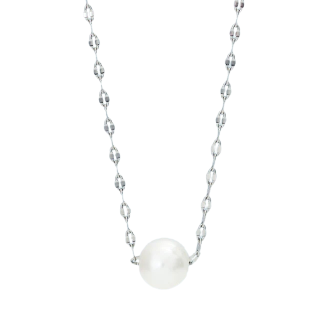 A silver-colored necklace with a pearl pendant, displayed on a white background