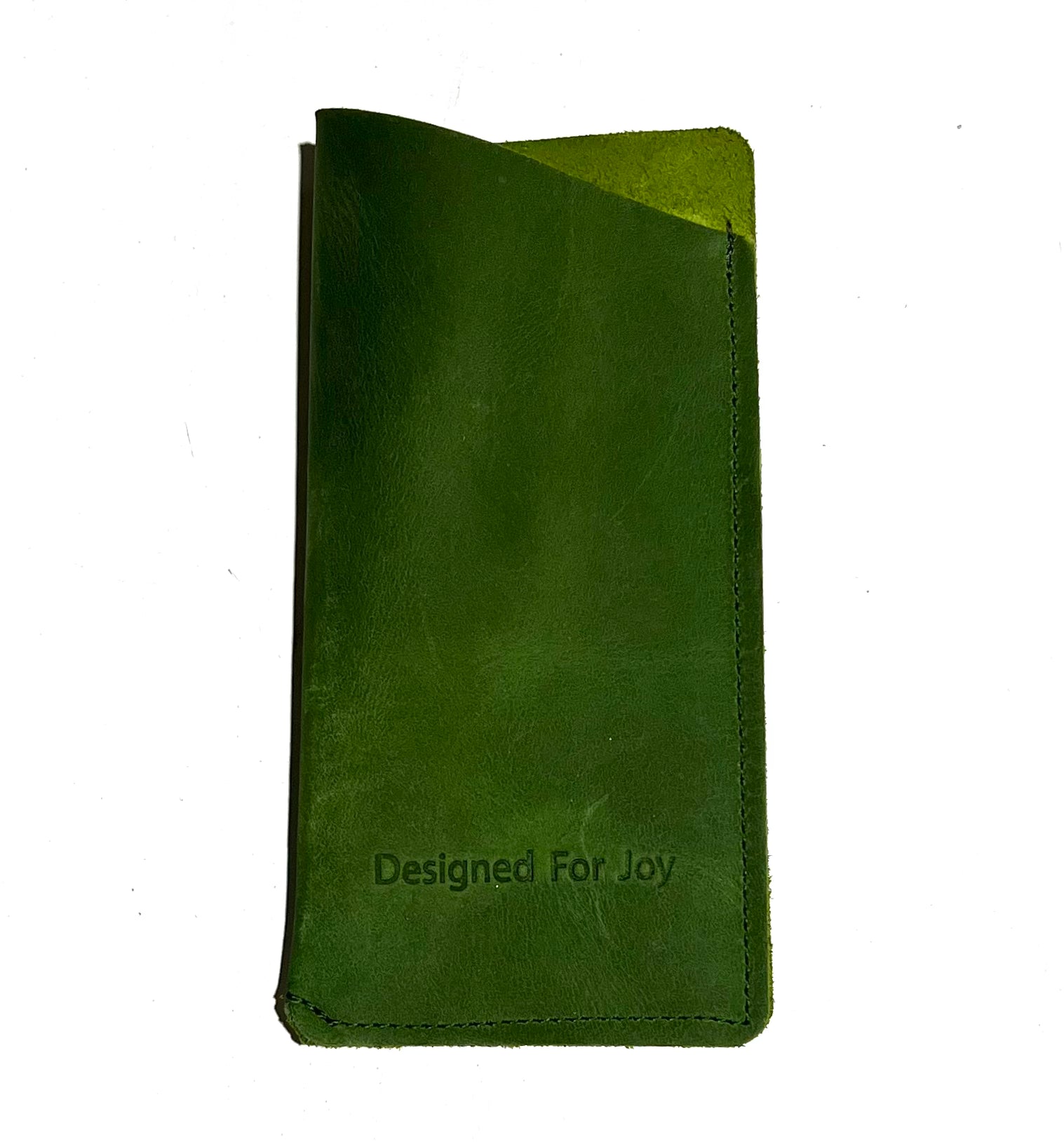 Evergreen slim eyeglass case with a suede interior and angled top design, displayed on a white background