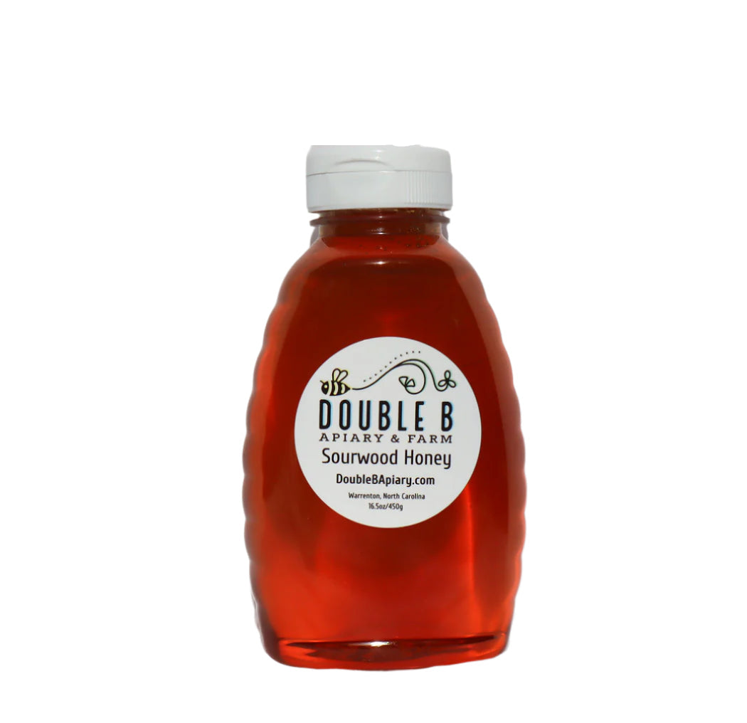 Bottle of Double B Apiary & Farm Sourwood Honey on a white background