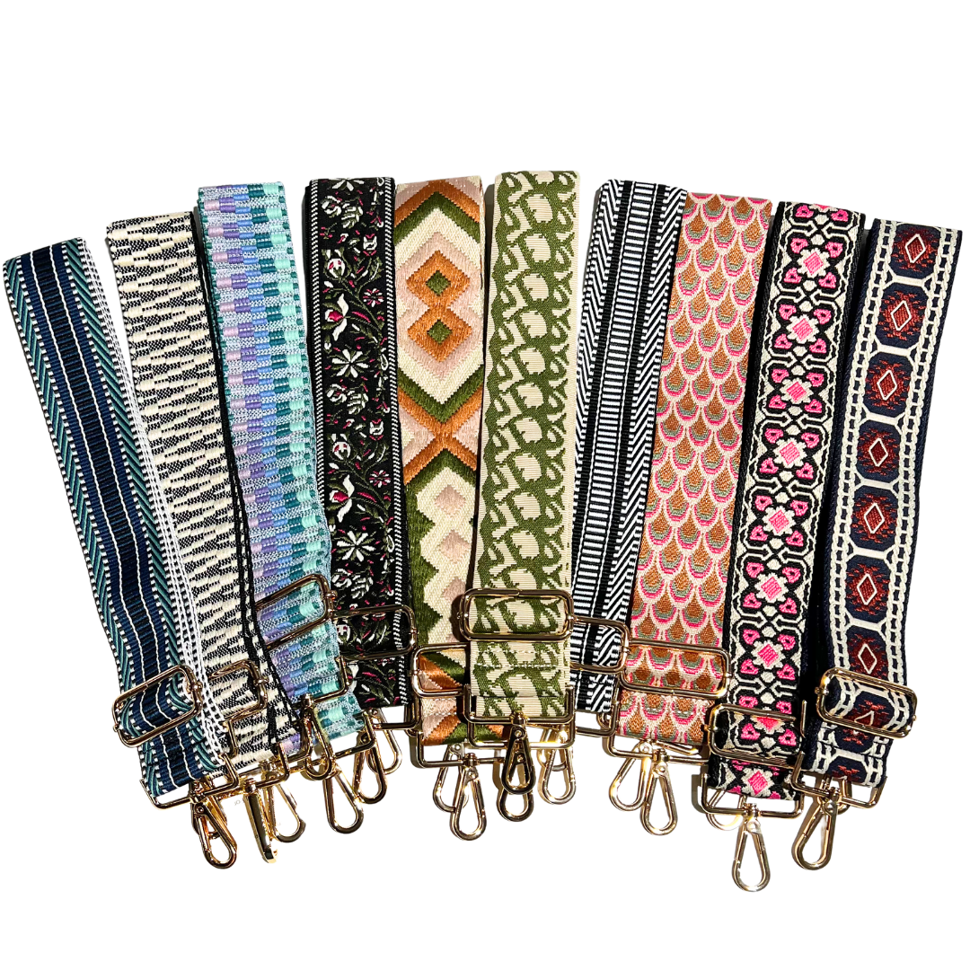 Set of colorful patterned adjustable crossbody straps, displayed on a white background