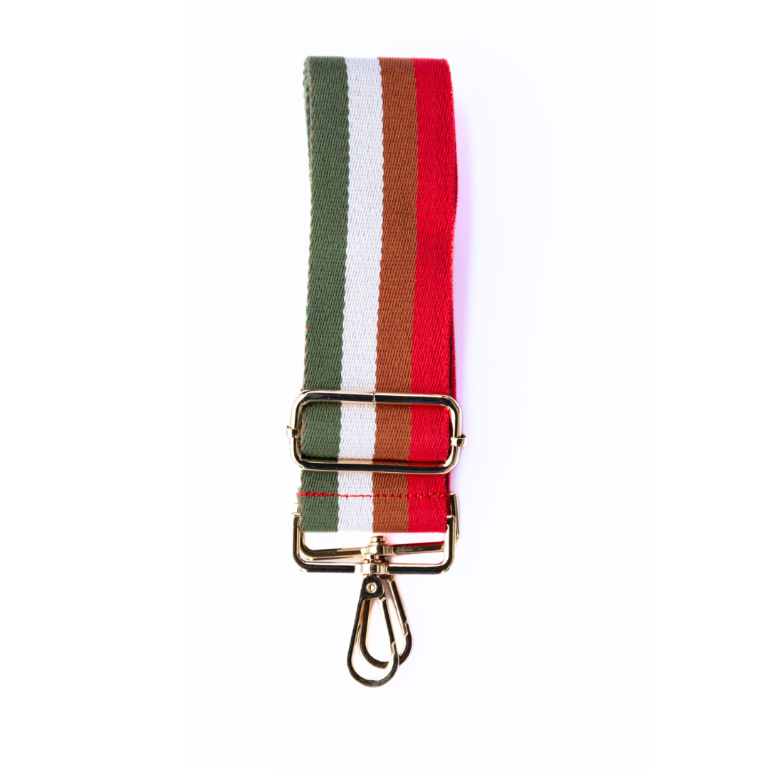 Green, white, brown, and red striped adjustable crossbody strap with metal hardware, displayed on a white background
