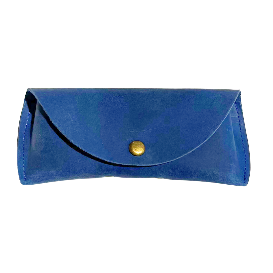 Baltic blue leather sunglasses case with a gold magnetic clasp, displayed on a white background
