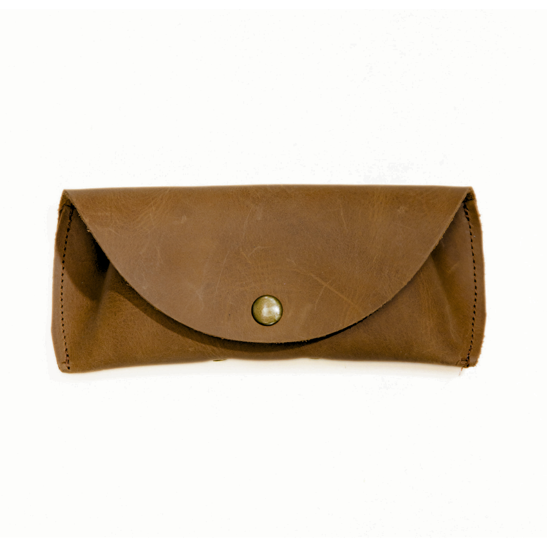 Brown leather sunglasses case with a gold magnetic clasp, displayed on a white background