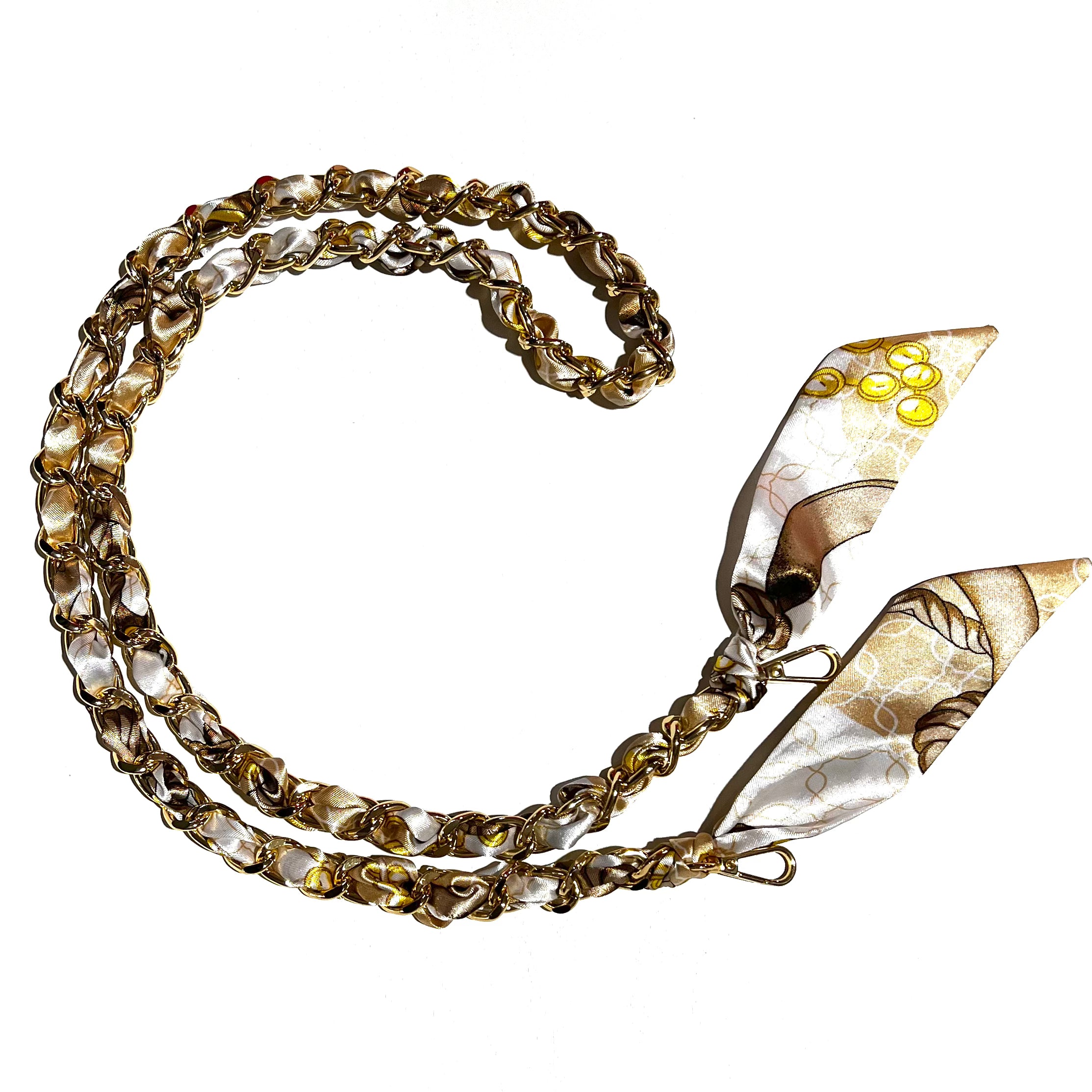 Tan, cream, and gold 48" long scarf chain strap with goldtone links displayed on a white background
