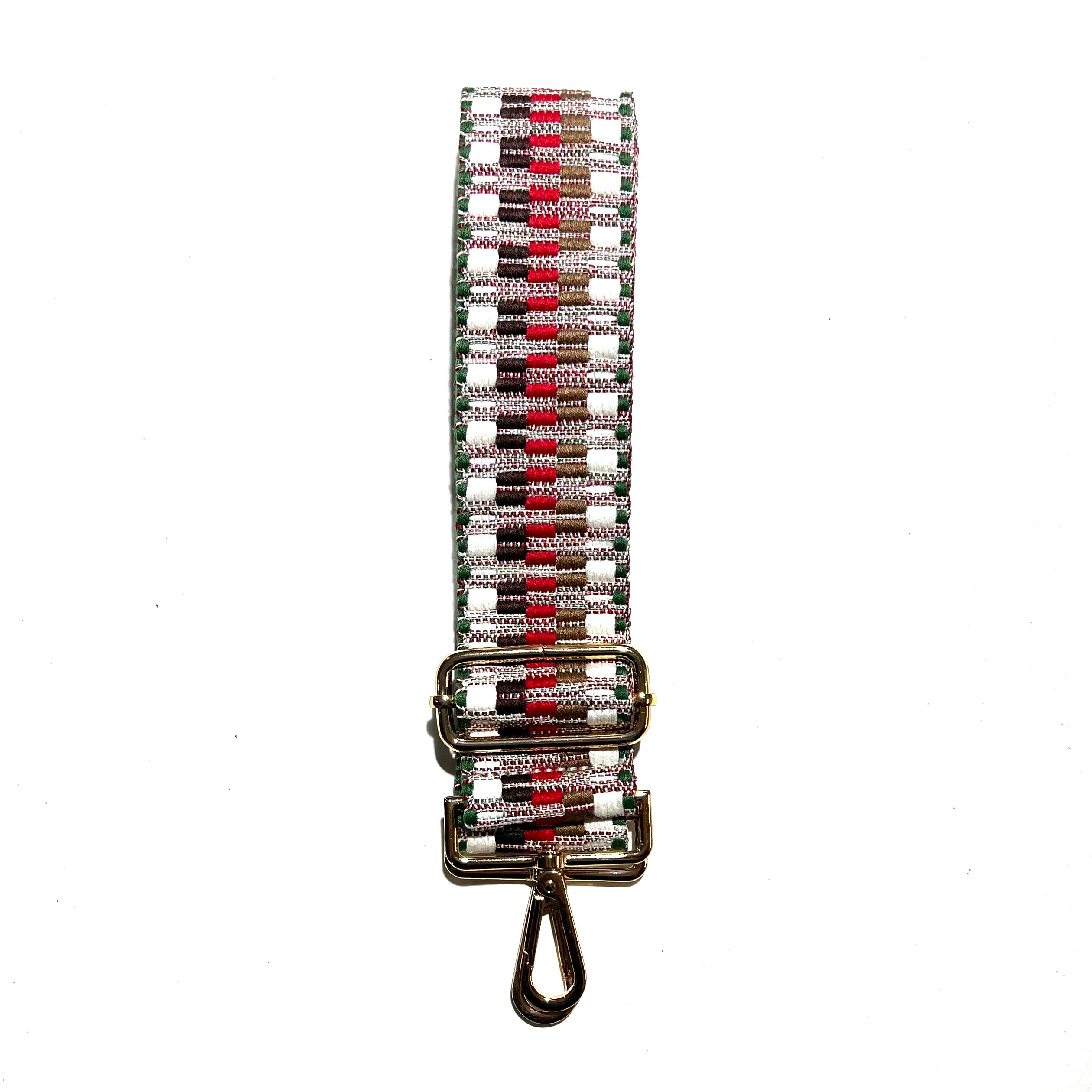 Green, brown, and red adjustable crossbody strap with metal hardware, displayed on a white background
