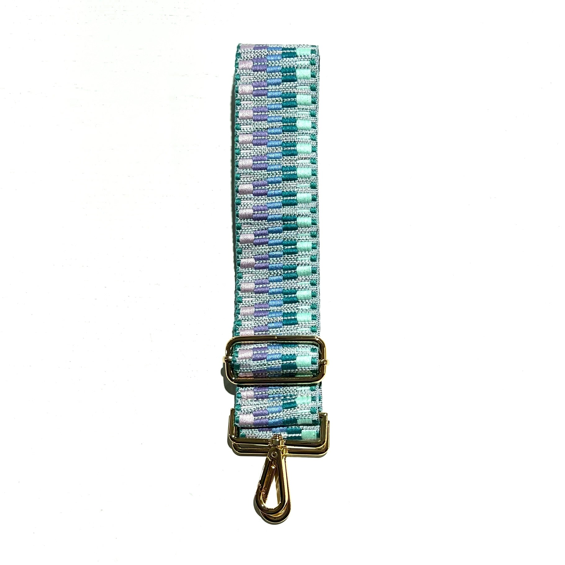 A blue and green textured crossbody strap with goldtone hardware, displayed on a white background
