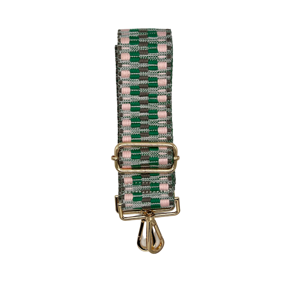 Gray, pink, and green crossbody strap with metal hardware, displayed on a white background