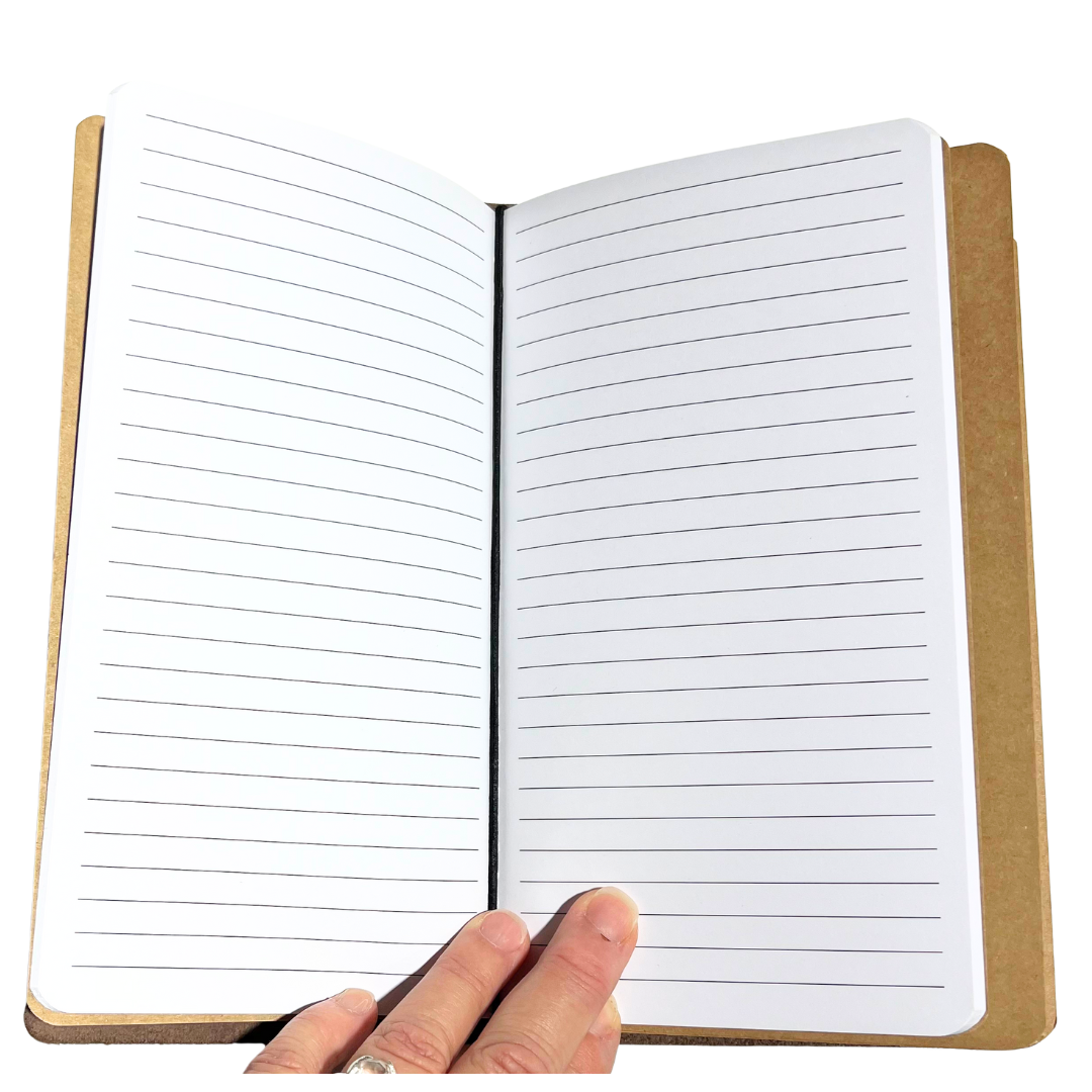 Open notebook with lined pages held by a hand on a white background