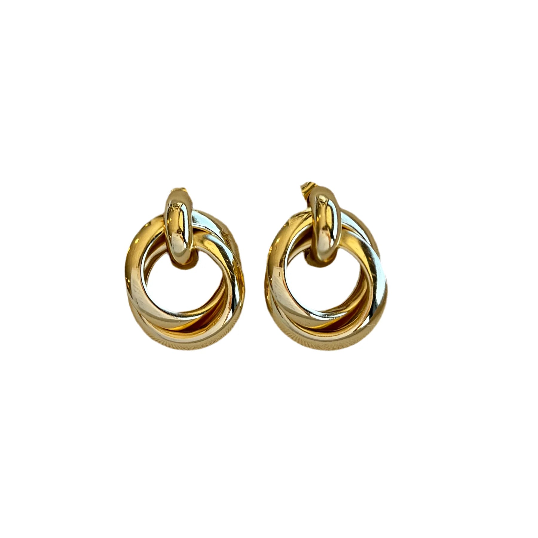 Pair of gold-colored twist knot earrings on a white background