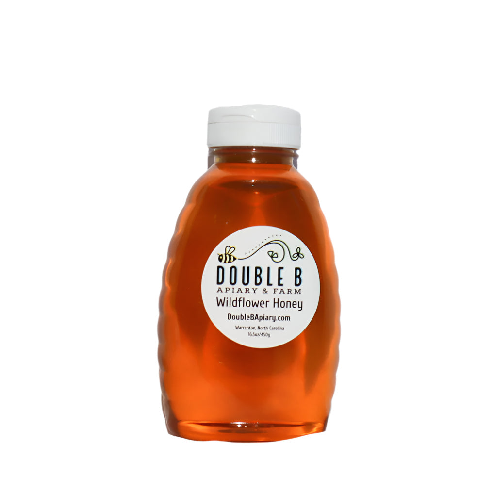 Bottle of Double B Apiary & Farm Wildflower Honey on a white background