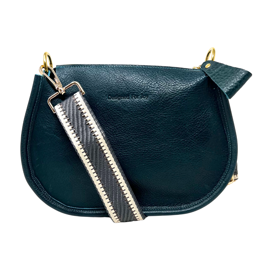 Teal pebbled leather crossbody handbag with a smooth, chunky zipper and a crossbody strap