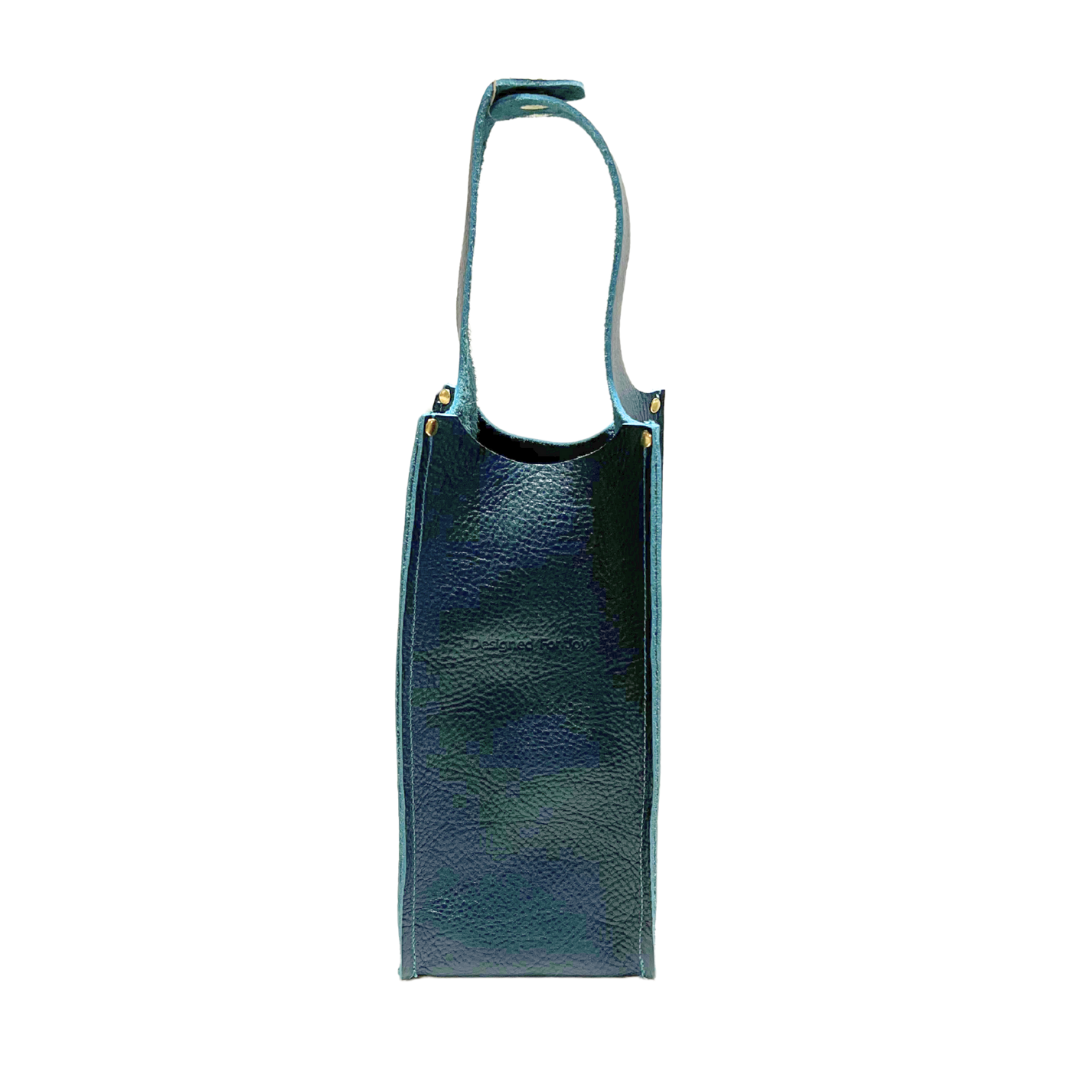 Teal leather wine carrier, displayed on a white background