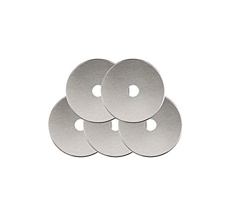 Five circular silver rotary cutter blades stacked on top of each other, displayed on a white background