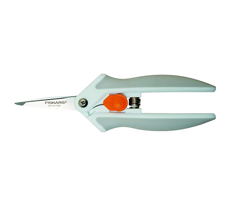 A pair of 5-inch easy-action scissors with green handles and orange adjustment knobs, displayed on a white background