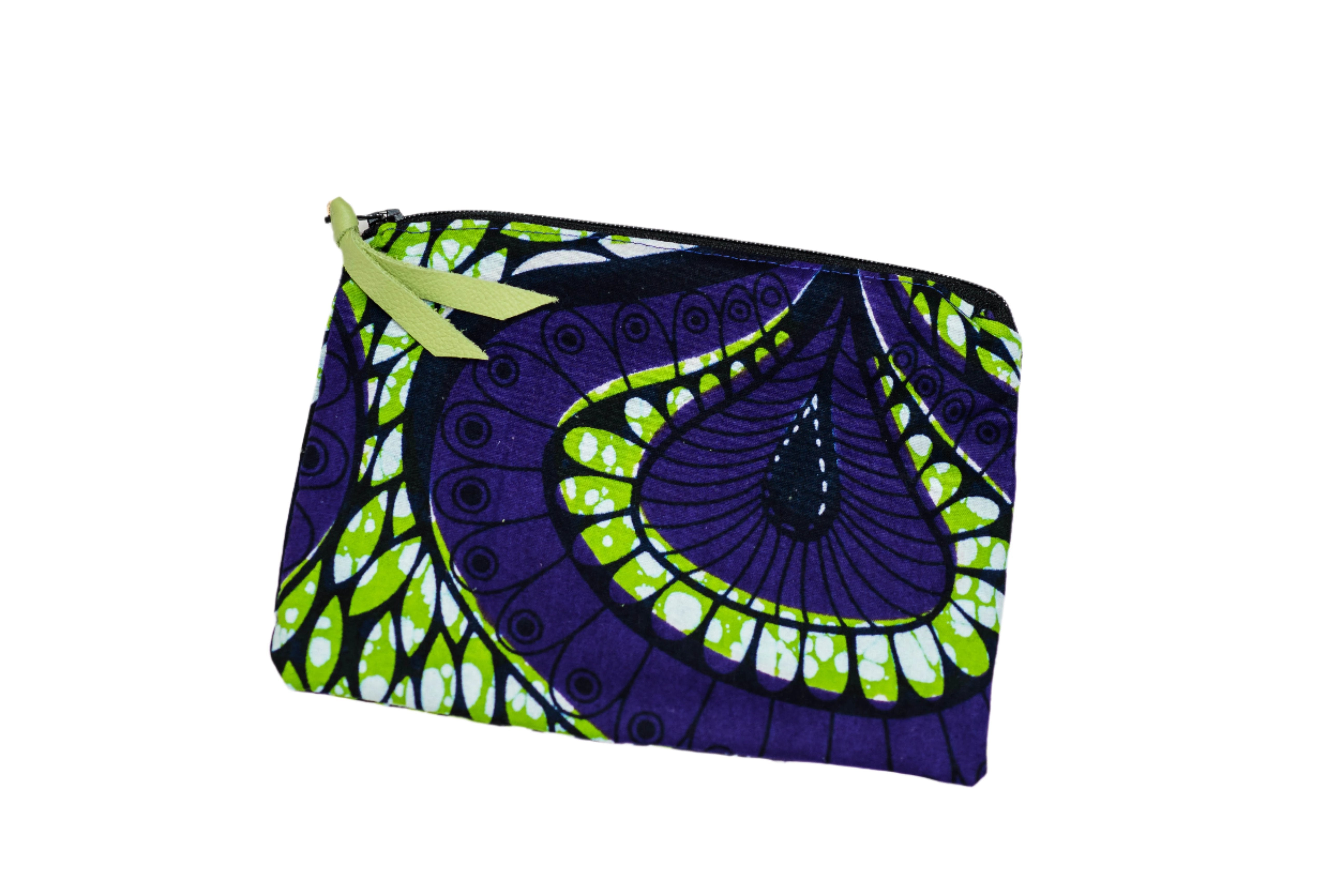 A purple and green patterned Rwandan coin purse, displayed on a white background