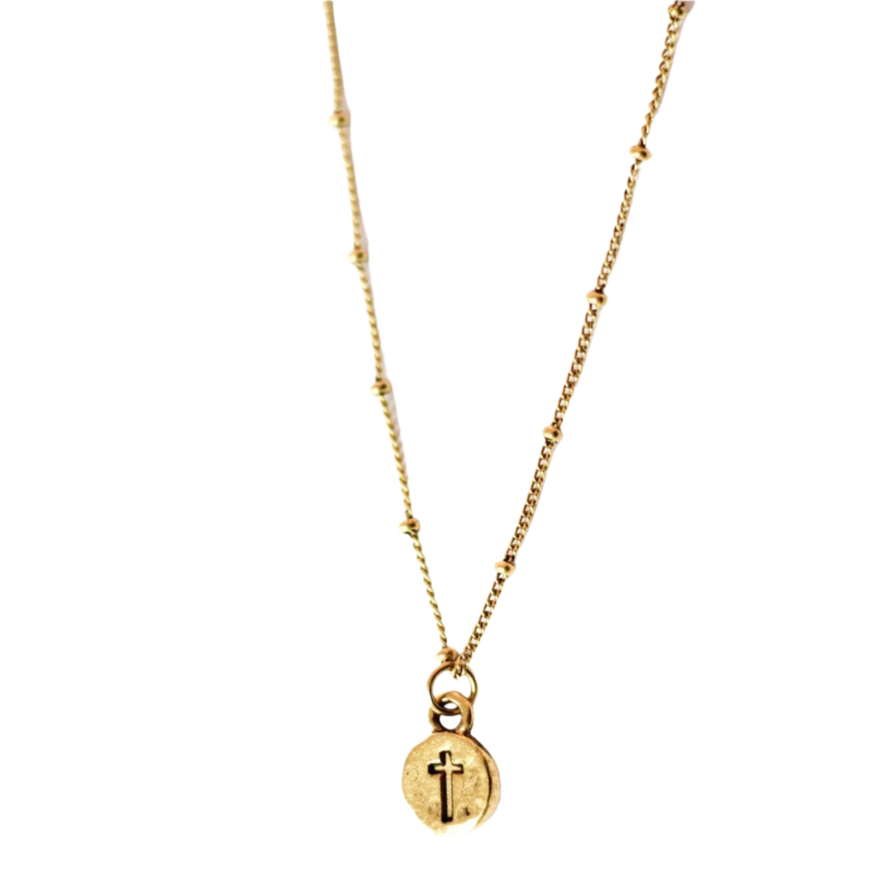 Gold-tone necklace with a cross pendant and beaded chain, displayed on a white background
