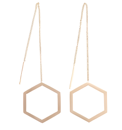 A pair of rose gold tone hexagon threader earrings with a 2.5 inch drop
