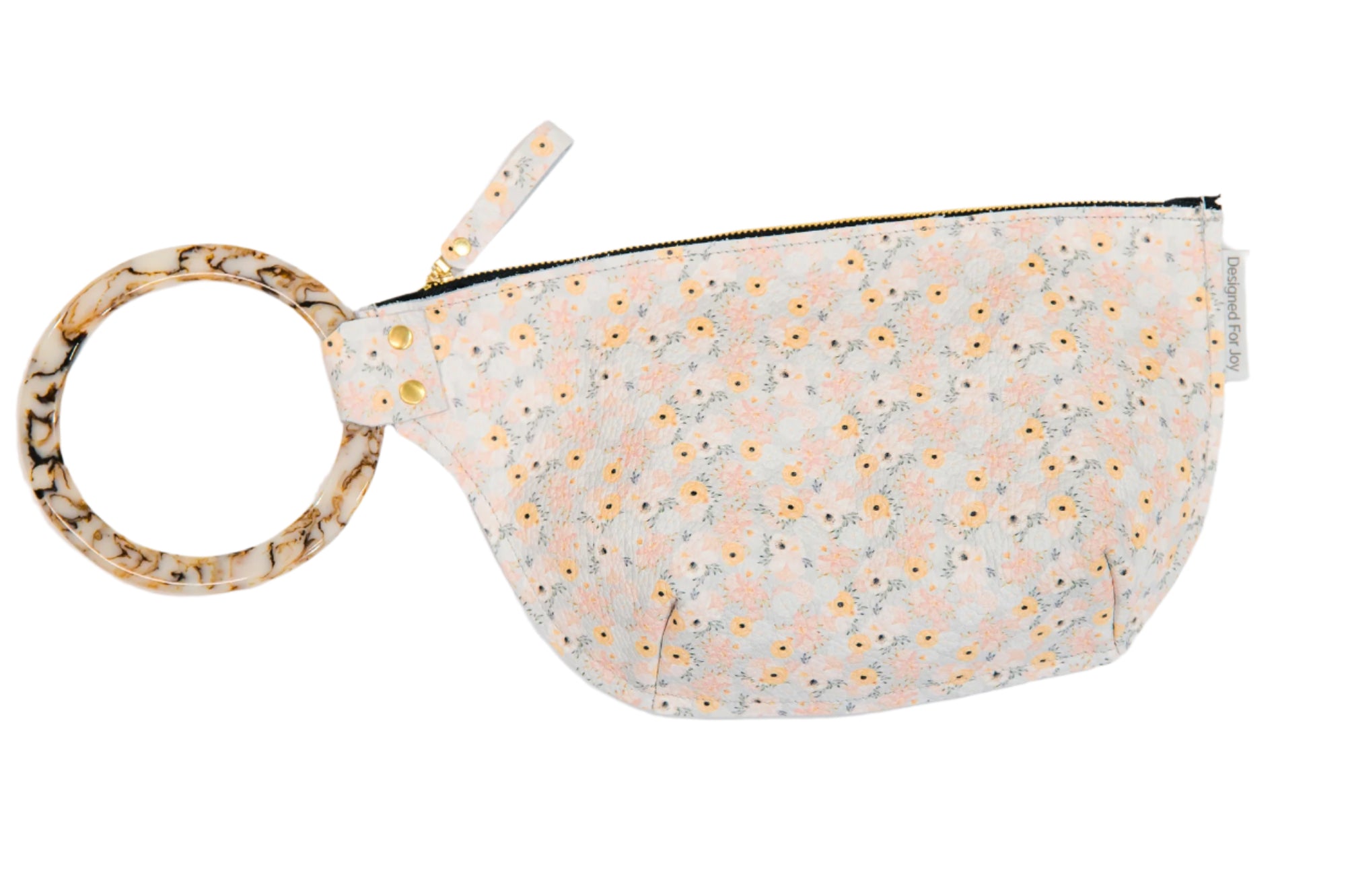 Floral wristlet handbag with a smooth resin handle and a zippered compartment, displayed on a white background