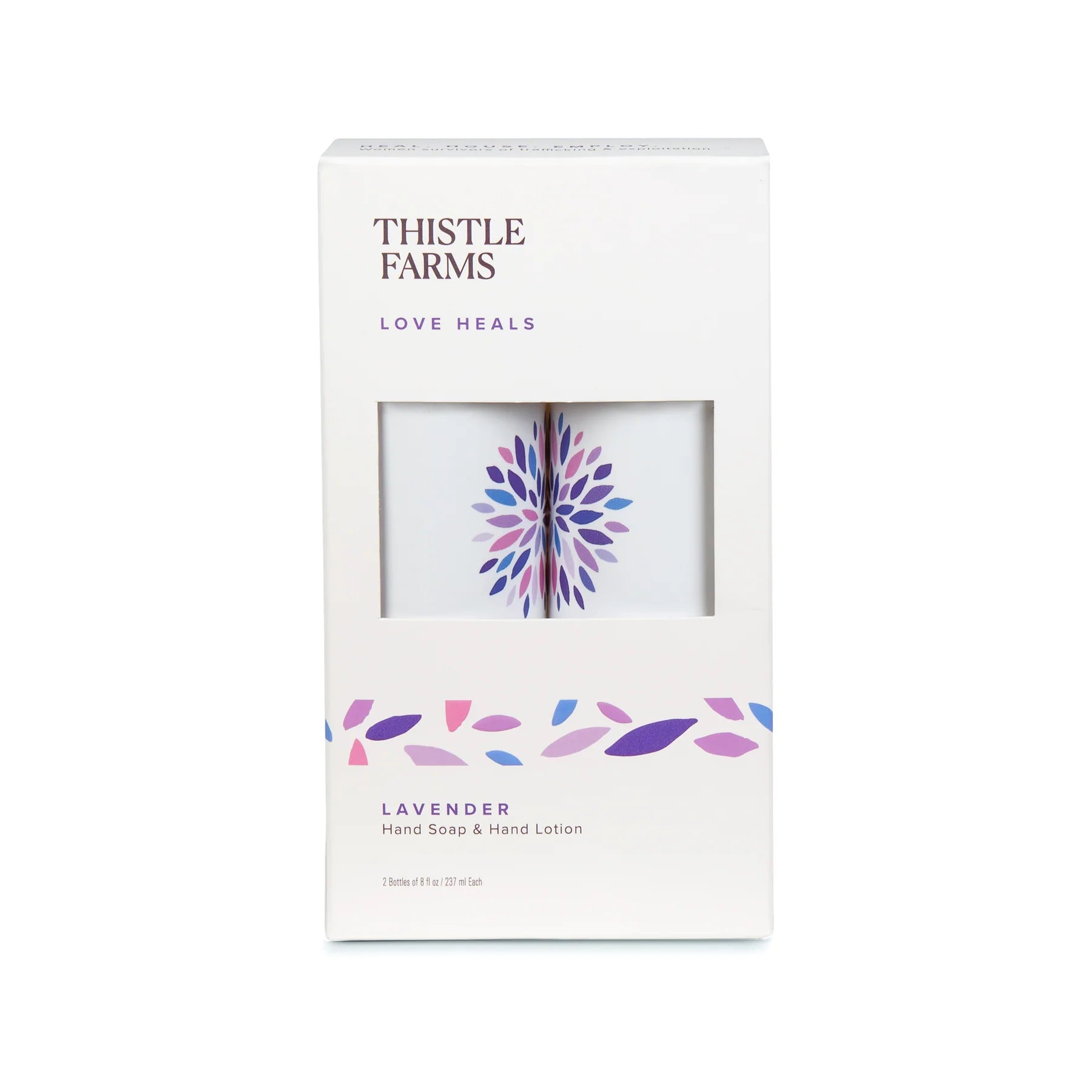 Packaging for Thistle Farms Hand Soap and Hand Lotion with a lavender scent, displayed on a white background