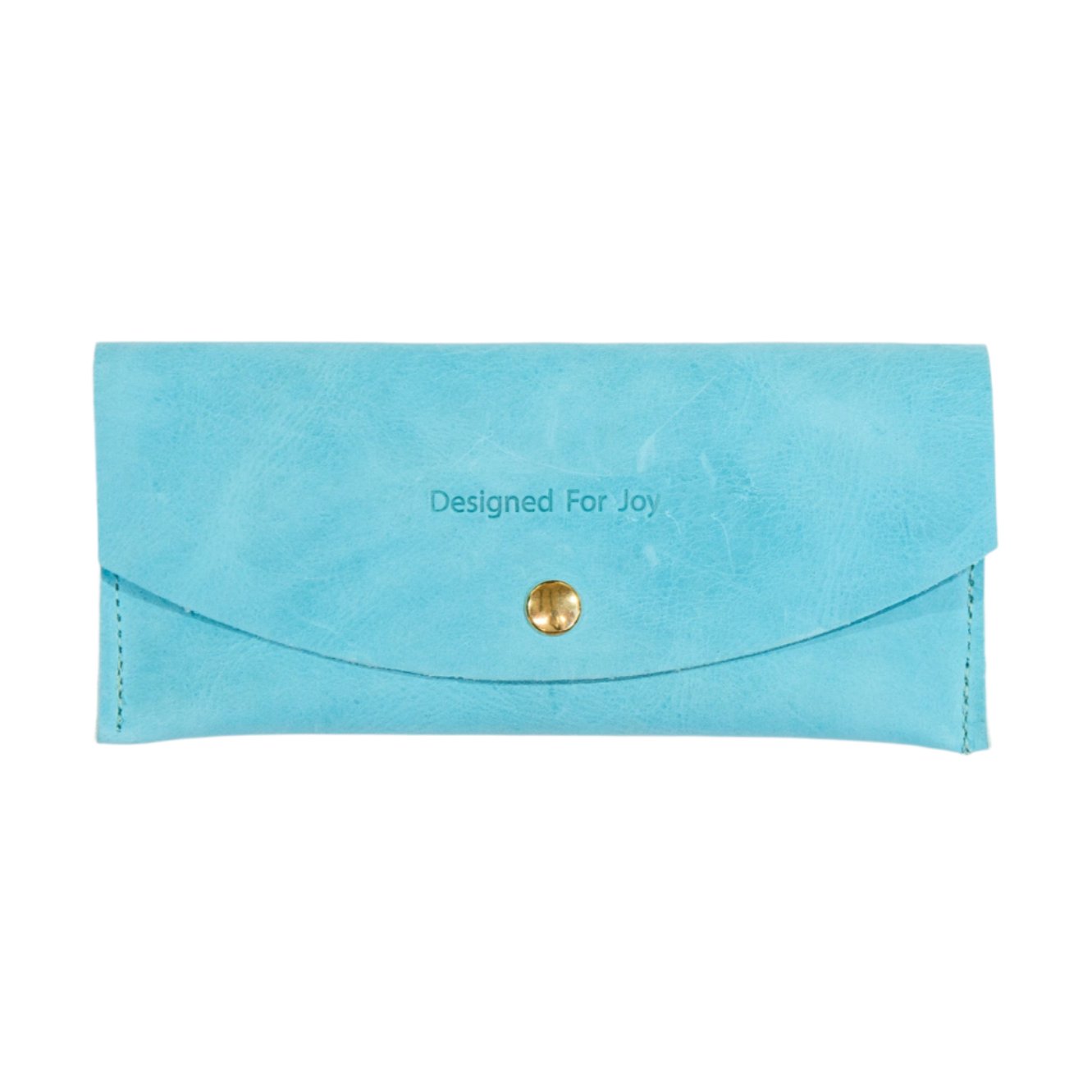 Aqua blue leather penny wallet with snap closure and 'Designed for Joy' text, displayed on a white background