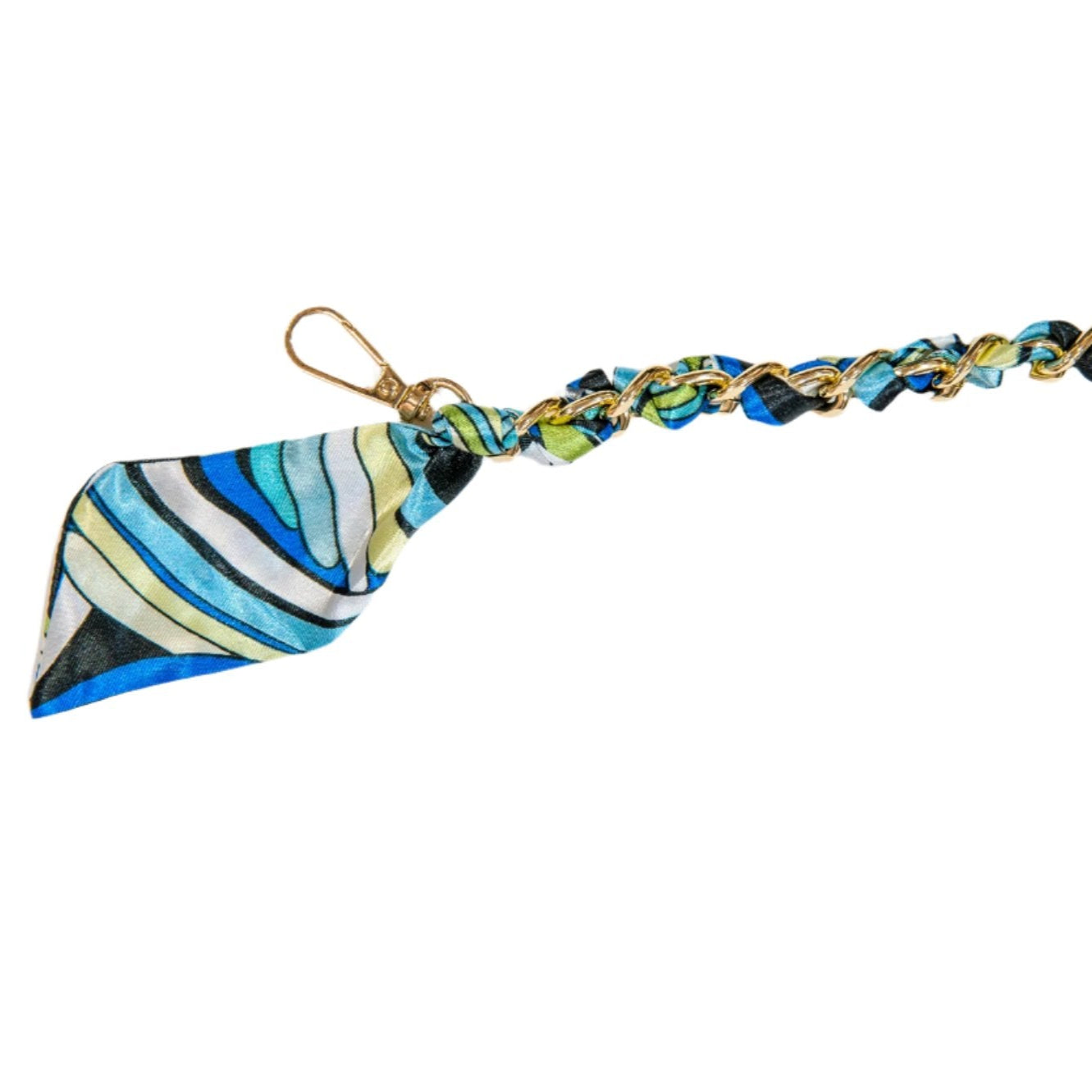 Deco pattern on a blue scarf chain strap, displayed on a white background