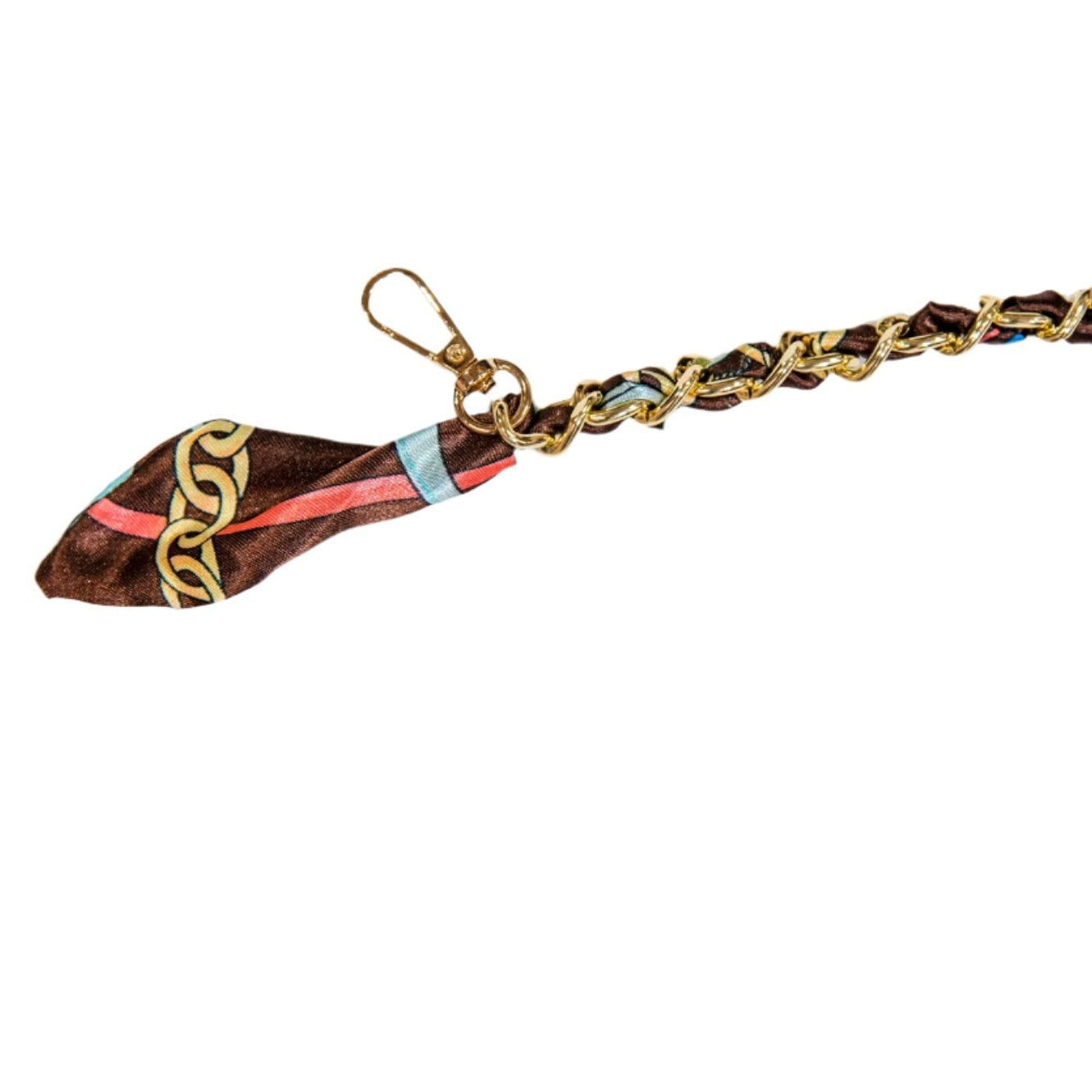 Gold link pattern on a brown scarf chain strap, displayed on a white background