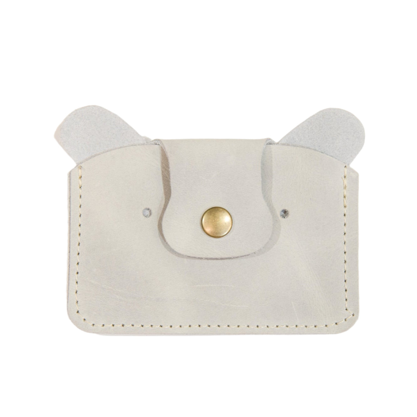 Gray teddy bear card wallet with ears protruding from the top and a snap closure at the front, displayed on a white background