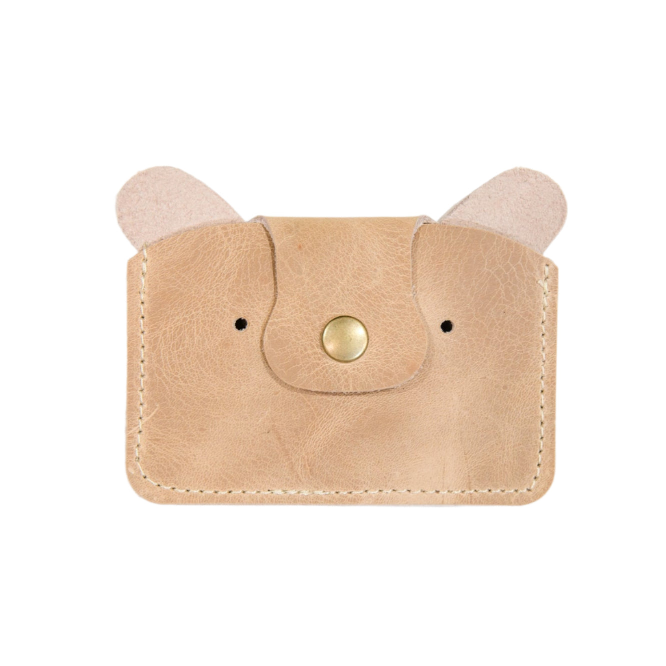 Tan teddy bear card wallet with ears protruding from the top and a snap closure at the front, displayed on a white background