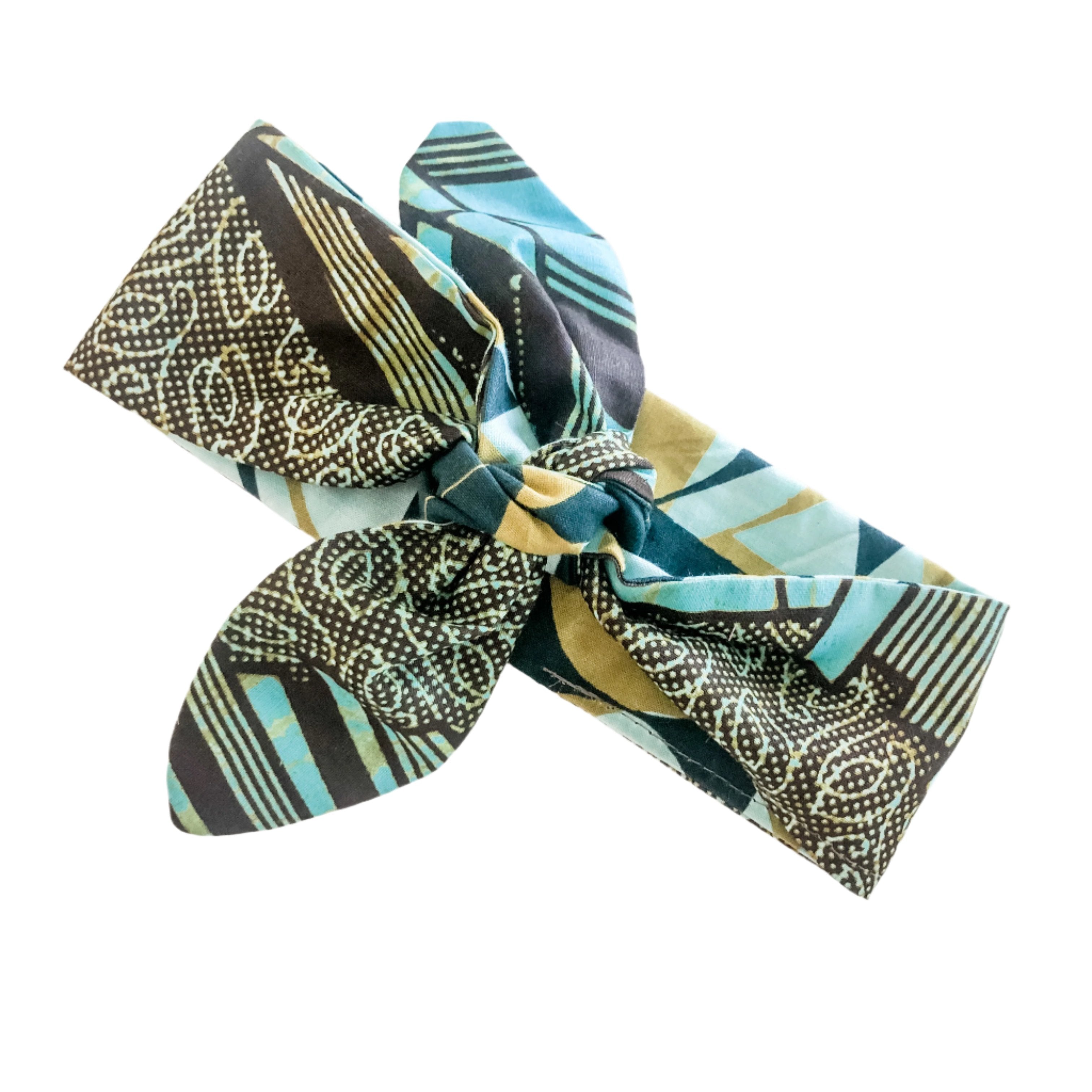 Reversible head wrap with a gold and light blue pattern on one side and a polka dot pattern on the other, displayed on a white background
