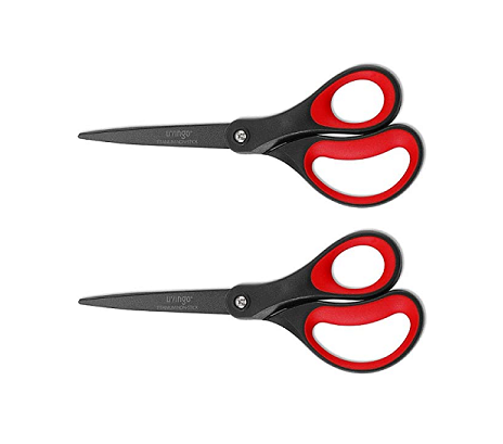 Two black scissors with red handles, displayed on a white background