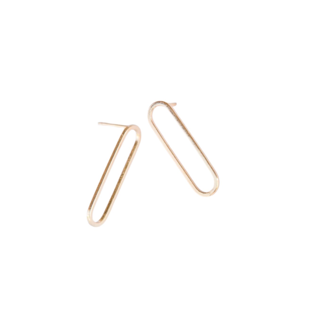 A pair of classic gold-plated brass paperclip earrings with bullet clutch style earring backs, displayed on a white background