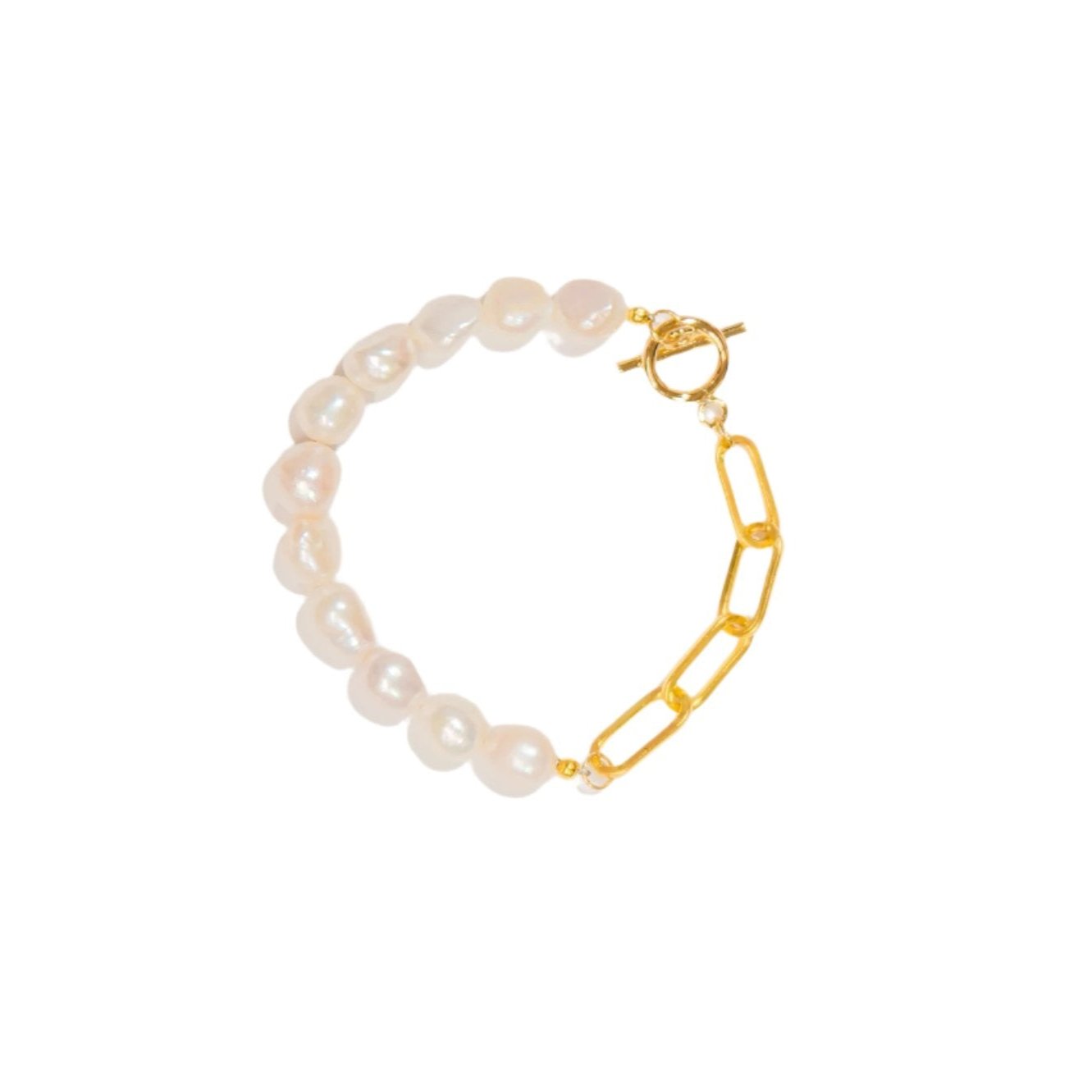 A bracelet featuring white pearls on one side and gold-colored paperclip chain links on the other with a toggle clasp