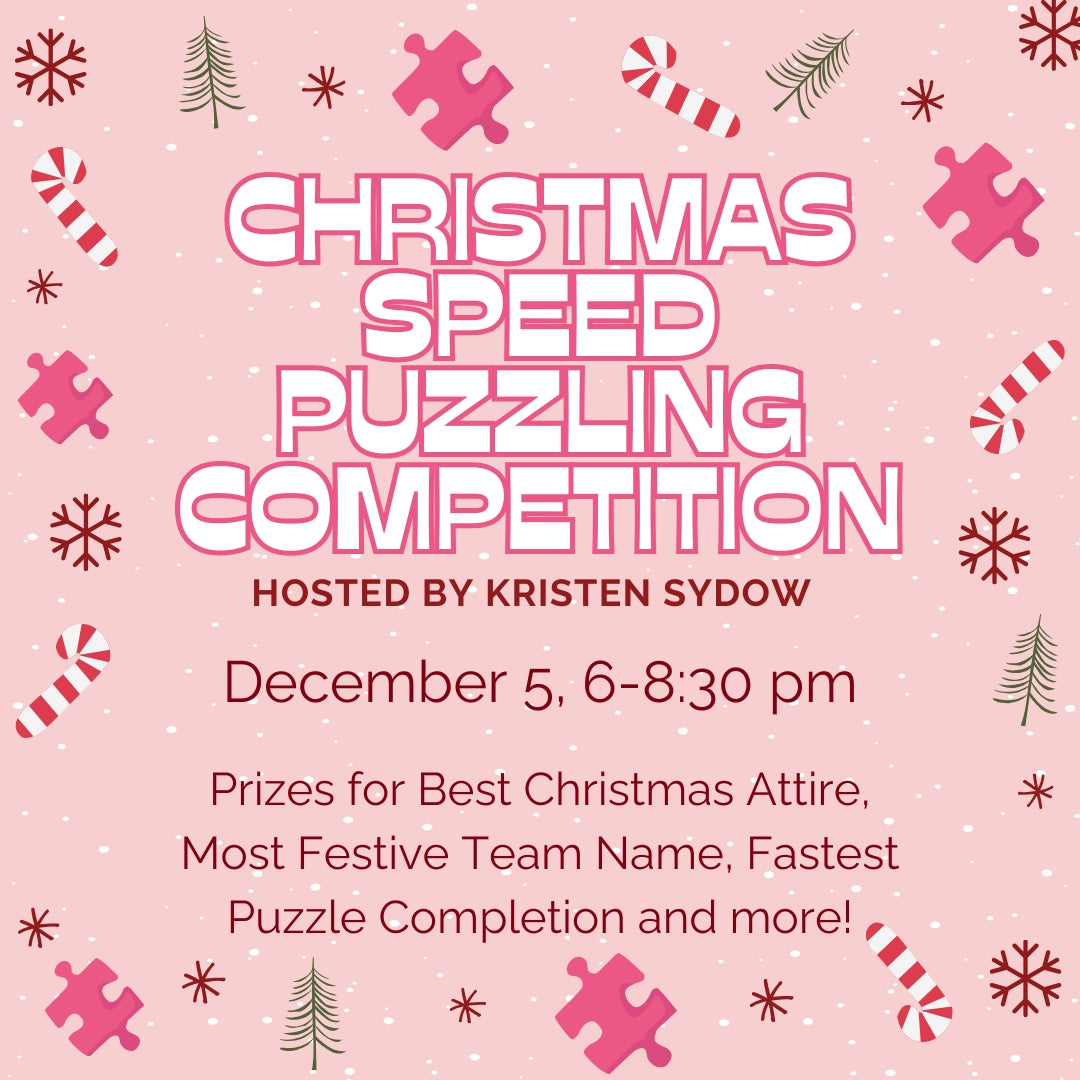 Pink graphic for a Christmas Speed Puzzling Competition with various festive designs, including snowflakes and Christmas-themed decorations, with text detailing the event information 