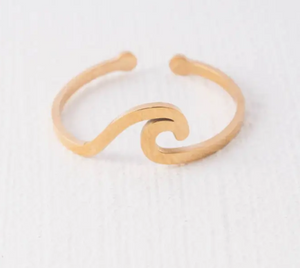 Gold ring with a wave symbol on it. Adjustable in sizing.