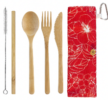 Sustainable wooden utensil set with hibiscus printed bag